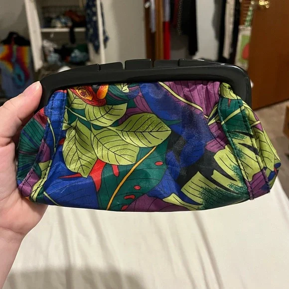 80s Vintage Tropical Makeup Bag Clutch Parrot Plastic Framed Snap - Picture 2 of 3